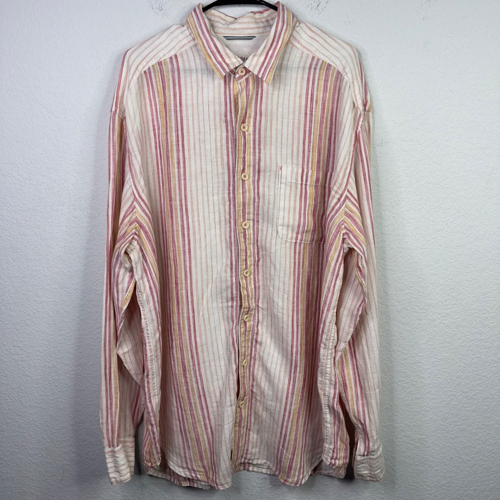 Tommy Bahama Relax Shirt Men XLT Pink Orange Linen Button Striped‎ Coastal Beach